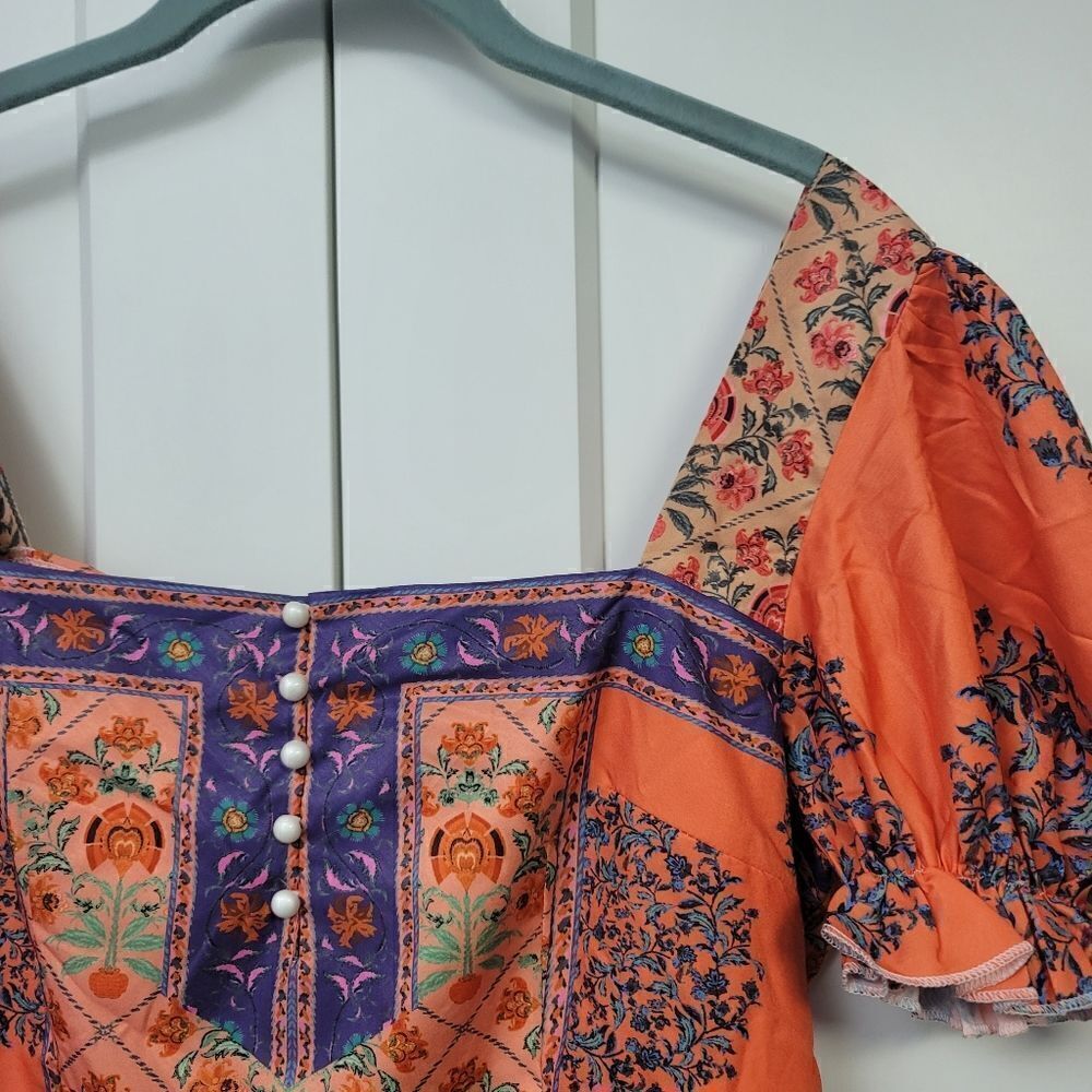 SHEIN Floral Print Puff Sleeve Square Neck Button Front Ruffle Hem Blouse, large - Picture 9 of 11